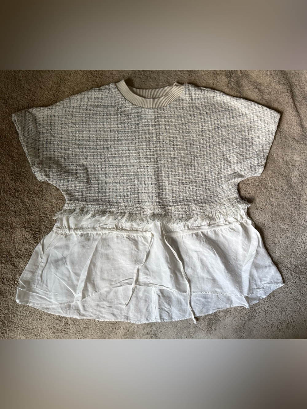 Zara Cream Tweed Sweatshirt with White Layered Hem